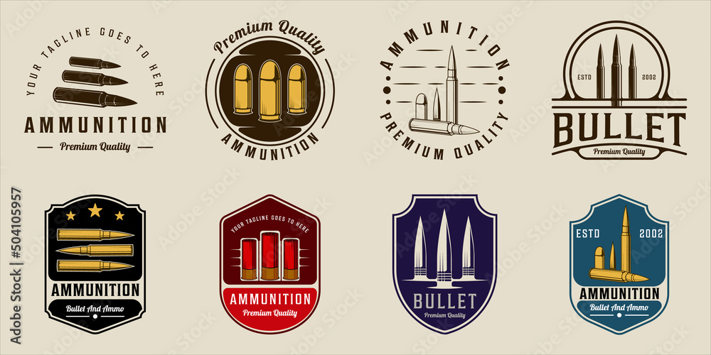 set of bullet or ammo emblem logo vector illustration template icon graphic design. bundle collection of various ammunition for weapon sign or symbol for military equipment concept - obrazy, fototapety, plakaty 