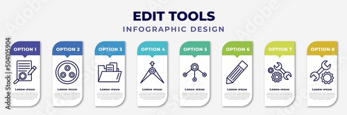 infographic template with icons and 8 options or steps. infographic for edit tools concept. included defining, quark, file folder, calipers, allocation, pen edit, repair tools, repair tool editable