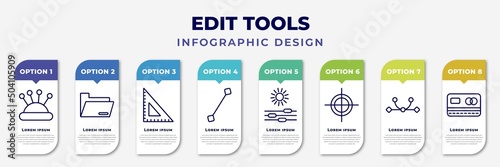 infographic template with icons and 8 options or steps. infographic for edit tools concept. included needle case, folders, school triangle, line tool, lightness, registration mark, curvature, blue