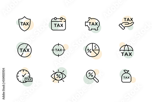 Tax set icon. Housing rental, places, credit, installment, money, payment, interest, magnifying glass. Lease concept. Vector line icon for Business and Advertising