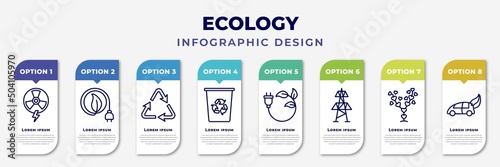 infographic template with icons and 8 options or steps. infographic for ecology concept. included nuclear energy, eco power, recycling, recycle bin, eco plug, electric station, tree with hearts, eco