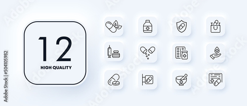 Treatment set icon. Pills, hospital, prescription, doctor, pharmacy, medicine, etc. Health care concept. Neomorphism style. Vector line icon for Business and Advertising