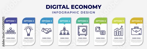infographic template with icons and 8 options or steps. infographic for digital economy concept. included hierarchical structure, light bulb, deal, organization, safebox, social media, growth,