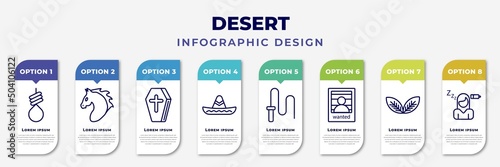 infographic template with icons and 8 options or steps. infographic for desert concept. included noose, horse, wooden coffin, mexican hat, whip, wanted, tobacco, fatigue editable vector.