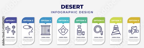 infographic template with icons and 8 options or steps. infographic for desert concept. included desert tree, lasso, jail, prefect, alcohol bottle, cowboy whip, cowboy tower, holster editable