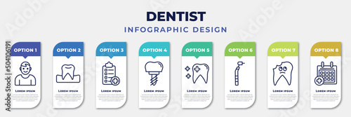 infographic template with icons and 8 options or steps. infographic for dentist concept. included healthy boy, occlusal, medical list, implant, healthy tooth, filler, cavities, medical appointment