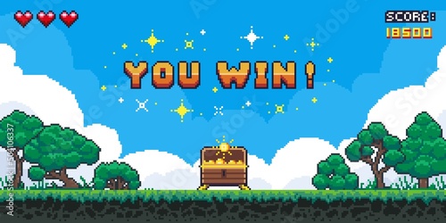 Pixel game win screen. Retro 8 bit video game interface with You Win text, computer game level up background. Vector pixel art illustration