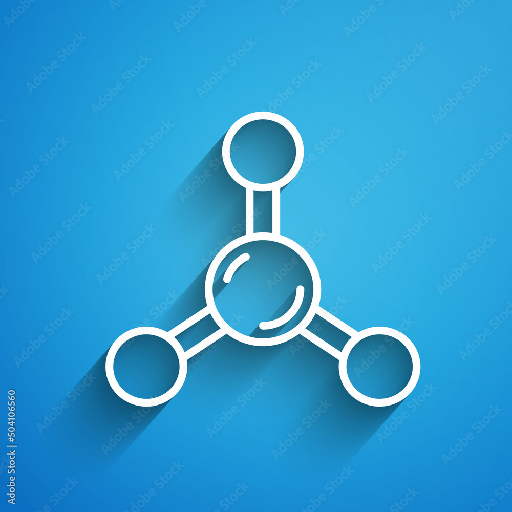 White line Molecule icon isolated on blue background. Structure of molecules in chemistry, science teachers innovative educational poster. Long shadow. Vector White line Molecule icon isolated on blue background. Structure of molecules in chemistry, science teachers innovative educational poster. Long shadow. Vector