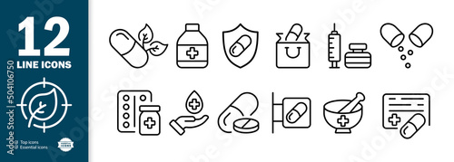 Disease set icon. Pills, medicine, traditional medicine, tablets, syrup, prescription, injection, doctor, etc. Health care concept. Vector line icon for Business and Advertising