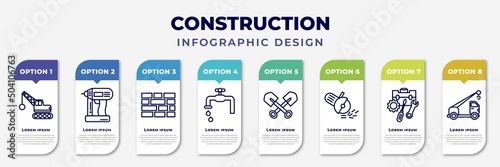 infographic template with icons and 8 options or steps. infographic for construction concept. included derrick with ball, nail gun, birck wall, stopcock, two shovels, angle grinder, tool bag, crane