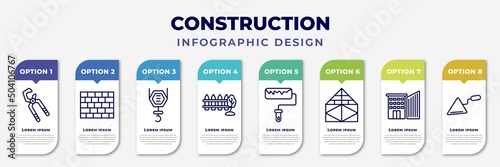 infographic template with icons and 8 options or steps. infographic for construction concept. included big clippers, brickwall, pulley hook, garden fence, roller and paint, joist, big building,