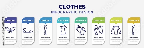 infographic template with icons and 8 options or steps. infographic for clothes concept. included cat eye glasses, flat shoes, jumpsuit, drees, wool gloves, leather gloves, tulle skirt, tie editable