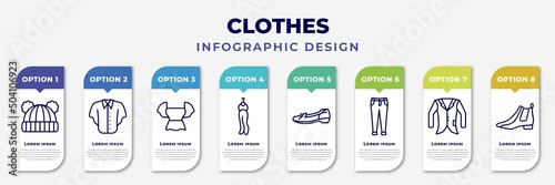 infographic template with icons and 8 options or steps. infographic for clothes concept. included knit hat with pom pom, denim shirt, peplum top, scarf on hanger, leather shoes, boyfriend low jean,