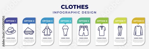 infographic template with icons and 8 options or steps. infographic for clothes concept. included men hat, shutter sunglasses, nylon jacket, peplum skirt, chino shorts, cotton polo shirt, slim fit