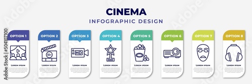 infographic template with icons and 8 options or steps. infographic for cinema concept. included people watching a movie, plus 18 movie, hd video, star movie award, popcorn bag, image projector, sad