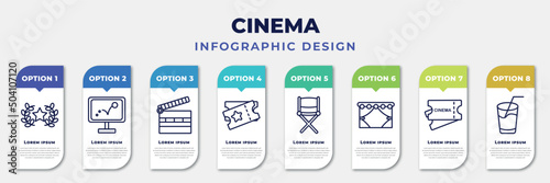infographic template with icons and 8 options or steps. infographic for cinema concept. included movie award, animation, cinema clapperboard, two movie tickets, director film chair, cinema curtain,