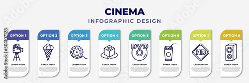 infographic template with icons and 8 options or steps. infographic for cinema concept. included old projector, stripped ice cream cone, movie roll, 3d, hd dvd, papper cup with straw, hd video, loud