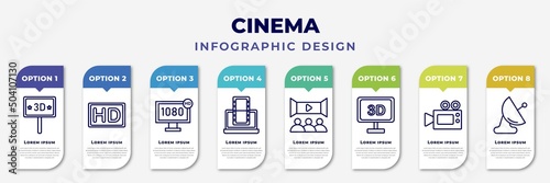 infographic template with icons and 8 options or steps. infographic for cinema concept. included movie billboard, hd, 1080p hd tv, laptop with film strip, movie theater, 3 dimension screen, movie