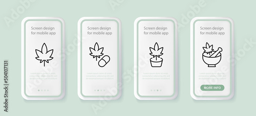 Plant set icon. Medicinal plants, cultivation, cooking, vegetarianism. Hemp, cannabis for medicinal purposes. Health care concept. UI phone app screens with people. Vector line icon for Business