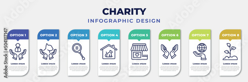 infographic template with icons and 8 options or steps. infographic for charity concept. included human, animal rights, research, animal shelter, charity shop, praying, enviromental protection,