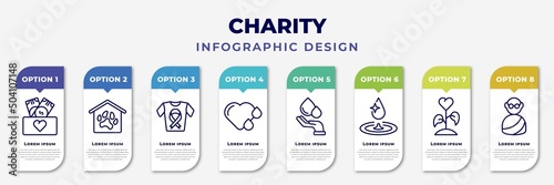 infographic template with icons and 8 options or steps. infographic for charity concept. included cash box, shelter, clothes donation, heart drop, blood donation, clean water, plant heart,
