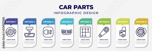 infographic template with icons and 8 options or steps. infographic for car parts concept. included car brake, car rear-view mirror, fog lamp, cowl, gearbox, camshaft, petrol cap, disc brake