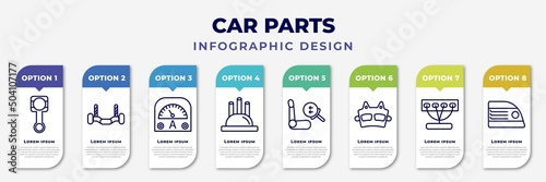 infographic template with icons and 8 options or steps. infographic for car parts concept. included car connecting rod, car anti-roll bar, ammeter, distributor cap, air bag, brake pad, manifold,