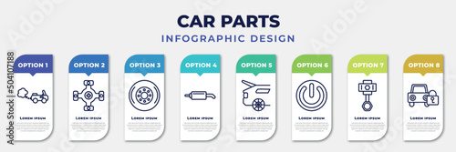 infographic template with icons and 8 options or steps. infographic for car parts concept. included car tailpipe, car universal joint, hubcap, silencer, boot, ignition, cylinder, lock editable