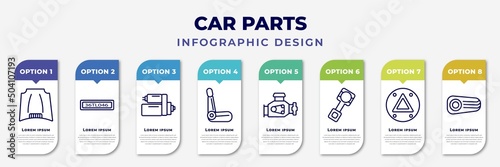 infographic template with icons and 8 options or steps. infographic for car parts concept. included car hood, car numberplate, starter, bucket seat, engine, piston, hazard lights, reversing light