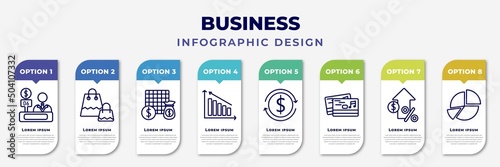 infographic template with icons and 8 options or steps. infographic for business concept. included bank teller, two shopping bags, economy games, measure success, return of investment, music