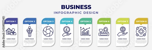 infographic template with icons and 8 options or steps. infographic for business concept. included mortgage and man, man holding a big coin, infographic elements, pound coin on hands, measuring