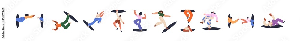 Young funny people coming, jumping, looking through and out of holes. Happy enthusiastic lively men and women. Search, explore concept. Flat graphic vector illustration isolated on white background - obrazy, fototapety, plakaty 