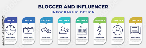 infographic template with icons and 8 options or steps. infographic for blogger and influencer concept. included clock, video, likes, follow, keyboard, fashion, profile, comment editable vector.
