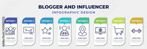 infographic template with icons and 8 options or steps. infographic for blogger and influencer concept. included camcorder, email, star, influencer, placeholder, web, shopping online, weights