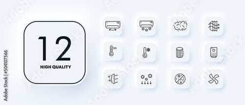 Fresh air set icon. Air conditioning, ventilate, fan, propeller, thermometer, heat, cold, virus, etc. Clean atmosphere concept. Neomorphism style. Vector line icon for Business and Advertising