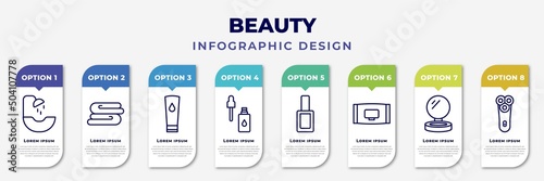 infographic template with icons and 8 options or steps. infographic for beauty concept. included hair washer sink, folded towel, face cleanser, skincare, nail polish, wipes, blush, electric shaver