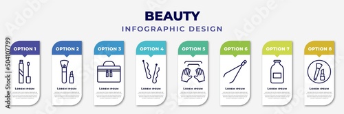 infographic template with icons and 8 options or steps. infographic for beauty concept. included liquid lipstick, make up, big makeup box, bobby pins, massage, tweezers, inclined bottle, women