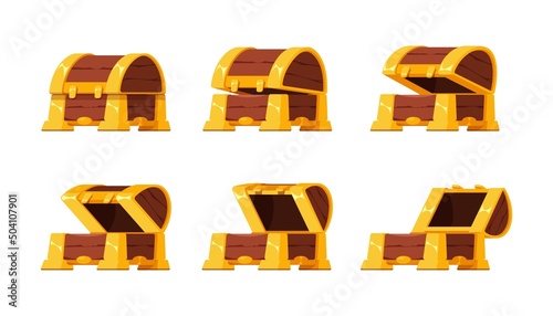Open treasure chest. Cartoon animation kit for wooden treasure chest opening, vintage mystery pirate box. Vector GUI element set