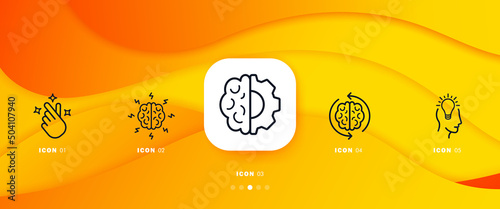 Brain set icon. Hand, lamp, head, rethinking, idea, realization, motivation. Creative think concept. Infographic timeline with icons and 5 steps. Vector line icon for Business and Advertising