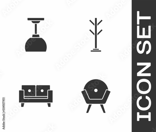 Set Armchair, Lamp hanging, Sofa and Coat stand icon. Vector