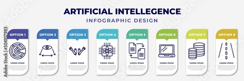 infographic template with icons and 8 options or steps. infographic for artificial intellegence concept. included detection, field of view, bionic arm, quantum computing, file transfer, laptop,