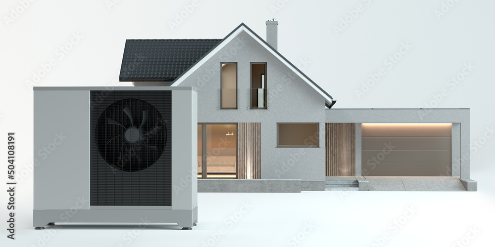 Air heat pump beside house, white background 3D illustration
 - obrazy, fototapety, plakaty 