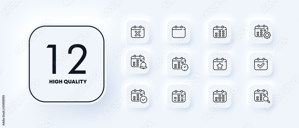 Calendar set icon. Setting, reminder, event, alarm clock, search, day, week, month, year, tick. Date management concept. Neomorphism style. Vector line icon for Business and Advertising Calendar set icon. Setting, reminder, event, alarm clock, search, day, week, month, year, tick. Date management concept. Neomorphism style. Vector line icon for Business and Advertising