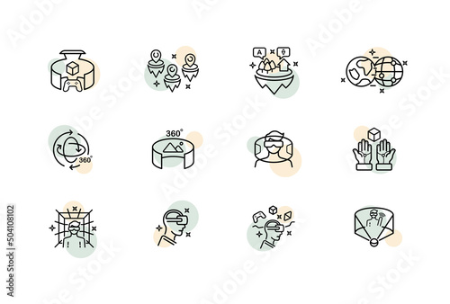 A virtual reality set icon. 360 viewing angle, helmet, 3D glasses, virtual reality game, Degree View, Panorama, Rotation Arrows and more. Vector line icon for Business and Advertising
