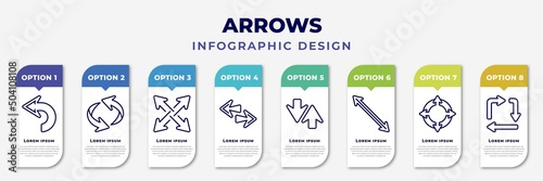 infographic template with icons and 8 options or steps. infographic for arrows concept. included backward arrow, undo arrow, expad arrows, left right, sort, diagonal arrow, zoom directions, square
