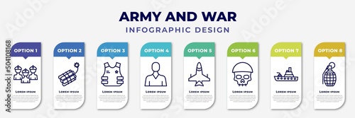 infographic template with icons and 8 options or steps. infographic for army and war concept. included brigade, dynamite, bulletproof, civilian, jet, skull army, army boat, granade editable vector.