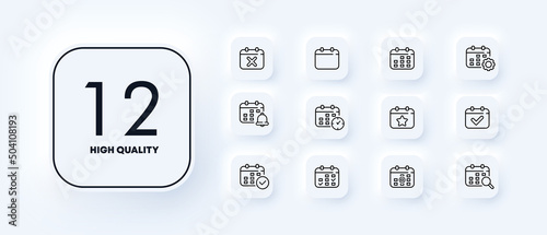 Calendar set icon. Setting, reminder, event, alarm clock, search, day, week, month, year, tick. Date management concept. Neomorphism style. Vector line icon for Business and Advertising