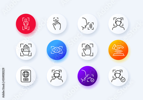 Identification set icon. Fingerprint, photo or voice recognition, international passport. Authentication concept. Neomorphism style. Vector line icon for Business and Advertising