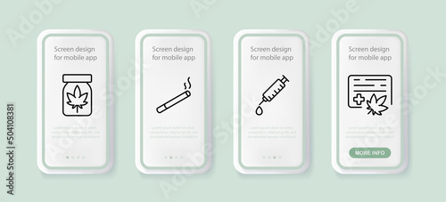 Narcotic substances set icon. Hemp, cannabis, medicinal marijuana, cigarette, injection, license. Legalize concept. UI phone app screens with people. Vector line icon for Business
