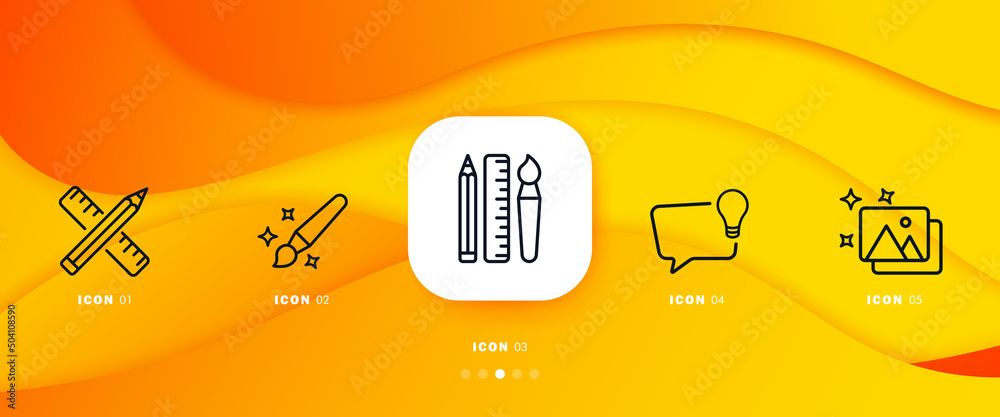 Photo editing set icon. Pencil, ruler, brush, lamp, gallery, image, etc ...